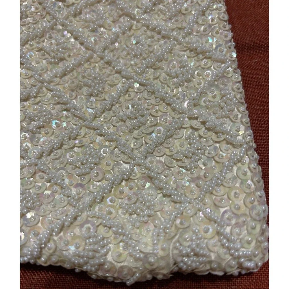Vintage 50s La Regale Ivory White Beaded Sequin Clutch Bag Purse Gloves Set